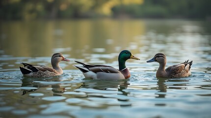 A vibrant male mallard duck swims between two calm female ducks on the tranquil surface of a pond, creating gentle ripples.