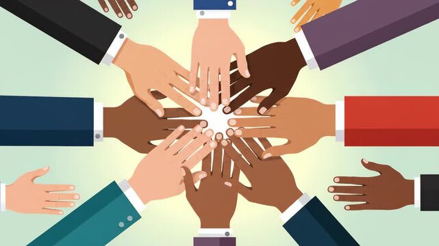 Multiple hands with diverse skin tones and formal sleeves reach inward towards a glowing center forming a circular pattern on a gradient background