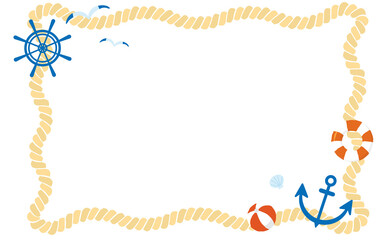 浮き輪と取舵と錨マークのマリンロープフレーム背景イラスト素材 © KAZUOMI