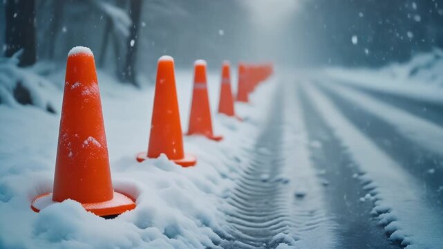 Close-up cinematic shot of bright orange traffic cones placed along a snow-covered roadside 