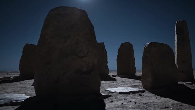 Ancient stone circle under the night sky with a full moon and stars