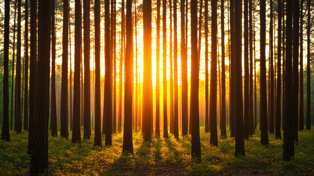 Sunlight shining through tall pine trees in forest clearing with soft gradients and long shadows creating peaceful natural scene