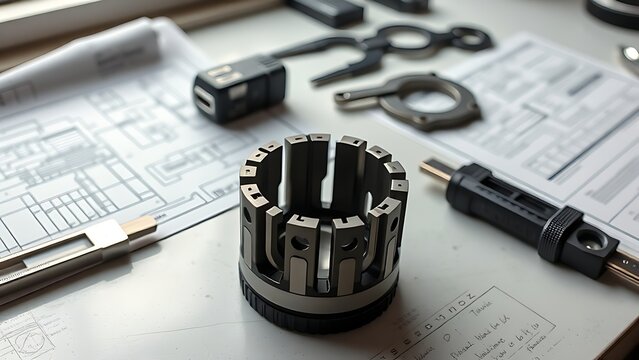 collet. Disassembled collet on a workbench beside technical drawings and calipers. safety posters, maintenance manuals, designed for precision metalworking and fabrication facilities.