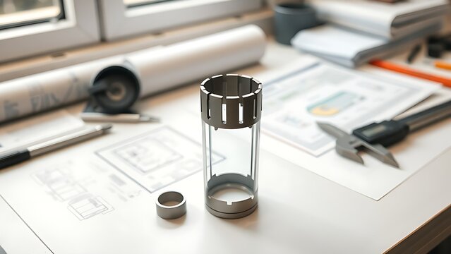 collet. Disassembled collet on a workbench beside technical drawings and calipers. safety posters, maintenance manuals, designed for precision metalworking and fabrication facilities.