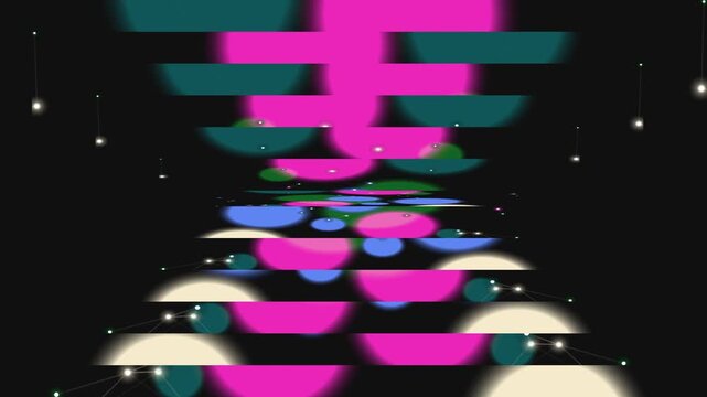 Abstract vertical stack of colorful semi-circles creates a dynamic.