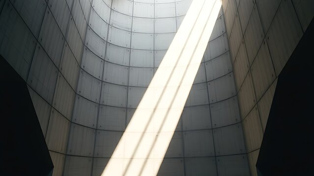 lightwell. A monumental geometric concrete light well with sharp beams of sunlight. real-estate listings, architecture portfolios, designed for real-estate listing and luxury residence showcases.