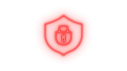 A stylized neon red shield icon with a padlock symbol inside, representing security and protection, isolated on a transparent background © Moynul Haque