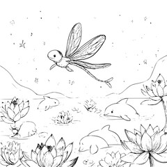 Naklejka premium Dragonfly Flying Over Lotus Pond with Fish