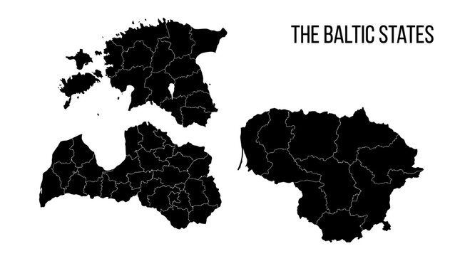 Baltic States Map Set: Estonia, Latvia, and Lithuania Silhouette Outlines with Administrative Divisions