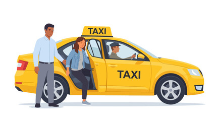 Yellow Taxi Cab Service: Passengers Exiting Car with Driver. Urban Transportation, Ride-Sharing, and Convenience. Flat Vector Illustration. © Leo