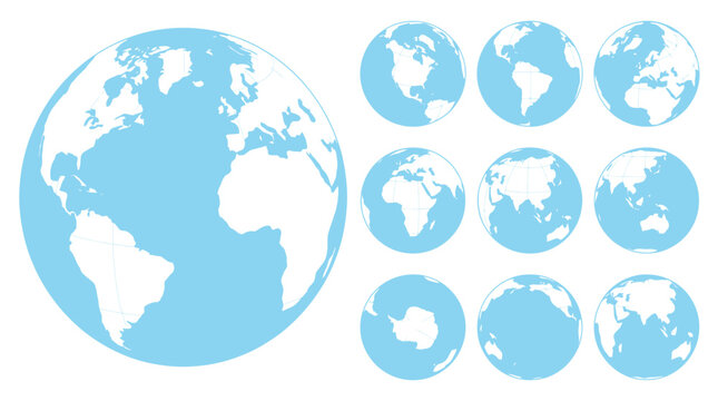 Vector Earth Globe Projections Set - Global and Continental Views of World Map