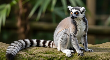 Fototapeta premium A ring-tailed lemur with big orange eyes sitting on a mossy rock in a natural environment