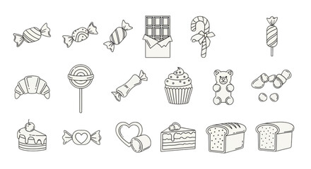 Candy and Sweets Line Icon Set &ndash; Confectionery, Bakery and Dessert Outline Vector Collection