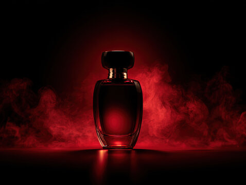 Red glass perfume bottle silhouette with red mist and dramatic low key lighting creating moody luxury atmosphere