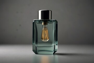 Luxury perfume bottle with silver cap and golden stopper on gray background elegant lighting minimalist product photography