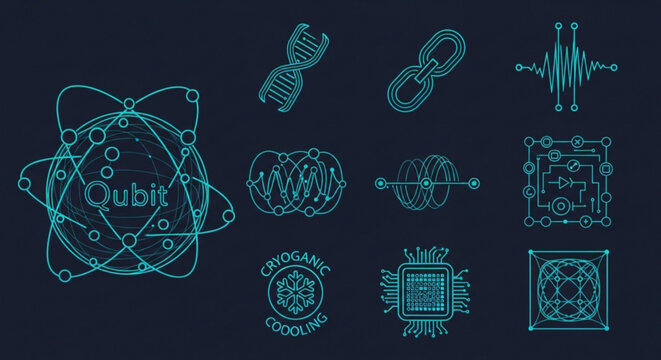 Quantum computing and technology symbols on dark background qubit dna microchip circuit board cryptography icons