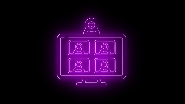 Neon purple icon of a computer monitor displaying four video call participants on a black background with a webcam.