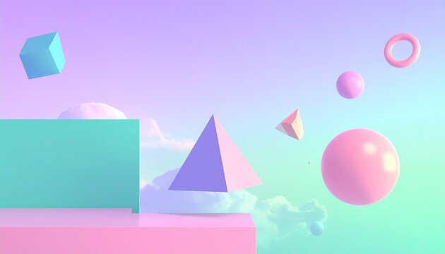 "Surreal pastel-colored digital scene featuring floating 3D geometric shapes including a blue cube, purple pyramid, pink sphere, pink torus, cone, and rectangular prism. The background consists of sof