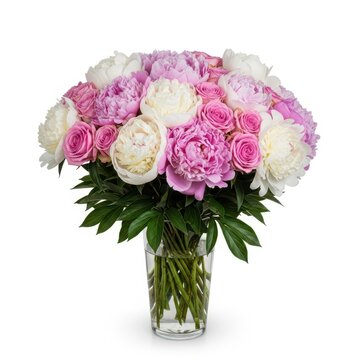 Elegant bouquet of pink and white flowers in clear glass vase