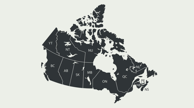 Vector Map of Canada with Provinces and Territories - Labeled Outline in Grayscale