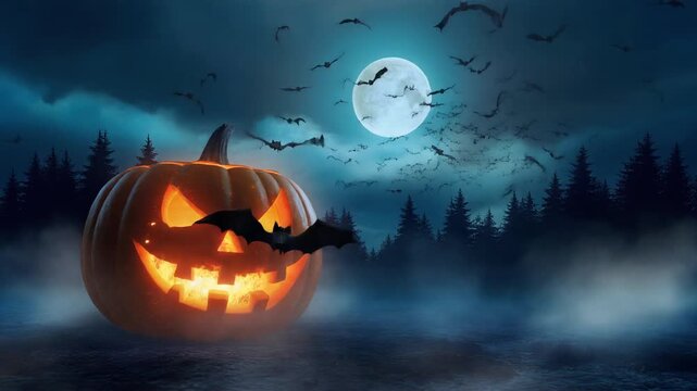 Spooky Halloween night animation featuring a glowing carved pumpkin (jack-o&rsquo;-lantern) 