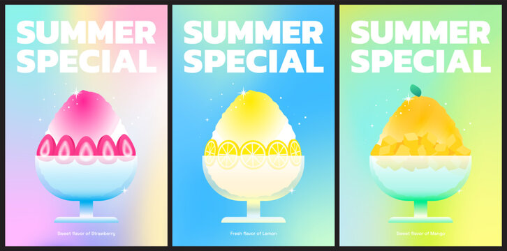 Set of summer special bingsu posters with strawberry, lemon, and mango flavors on gradient backgrounds
