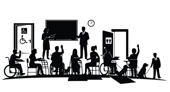 Diverse group of people with disabilities participating in an inclusive classroom setting, demonstrating accessibility and equal opportunity in education.