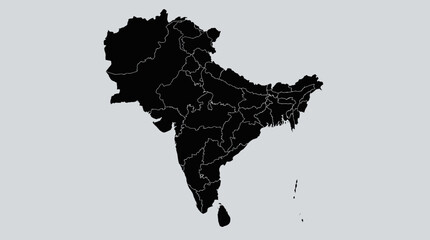 Minimalist Black South Asia Map with Borders   Indian Subcontinent Countries Silhouette on Grey Background © Lukas