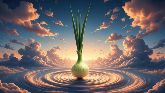 A surrealist onion floating above cosmic clouds at sunset with vibrant light rays.