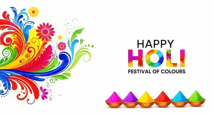 Obraz premium Happy Holi Festival Greeting Card with Colorful Floral Design and Gulal Powder