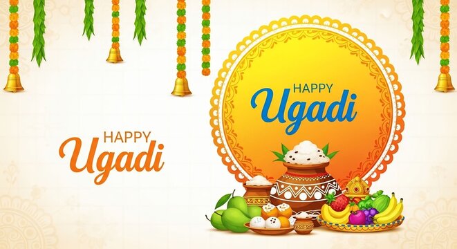 Happy Ugadi Festival Greeting Card with Traditional Sweets, Mango Leaves and Decorative Background
