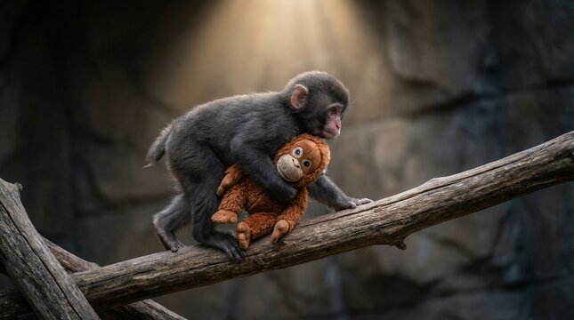 Young Macaque Carrying Orangutan Toy Across A Dry Branch