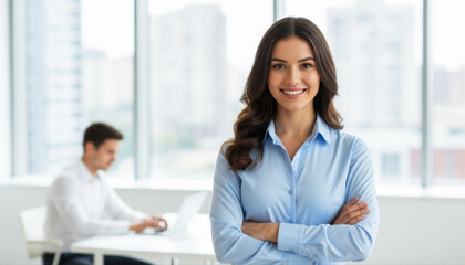 Confident young businesswoman standing with arms crossed in a bright modern office, professional career concept