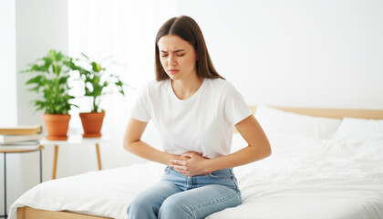 Young woman sitting on bed suffering from stomach ache and menstrual cramps, healthcare and digestive problems concept.