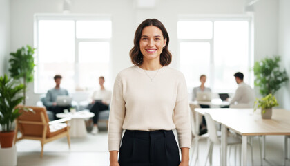 Portrait of a smiling female professional in a modern co-working space with colleagues in background