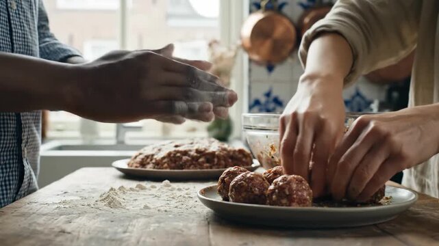 Hands rolling meatballs on plates in a kitchen