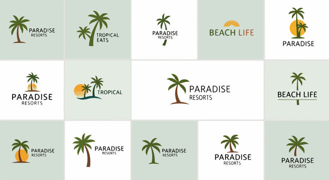 Collection of tropical paradise logos with palm trees and beach themes on various backgrounds