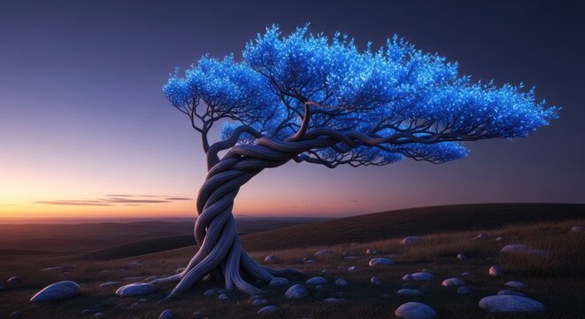 Magical glowing blue tree on a hill at twilight