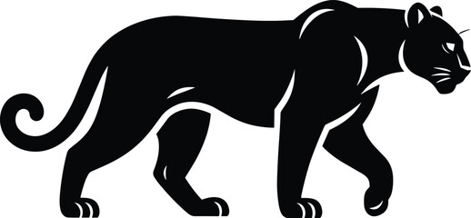 Obraz premium Black panther silhouette walking in side view, powerful wild feline predator isolated on white background, bold animal logo illustration design