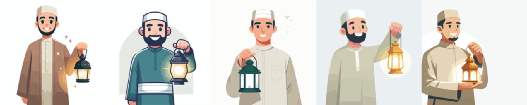 half body vector of a Muslim man standing carrying a Ramadan lantern
