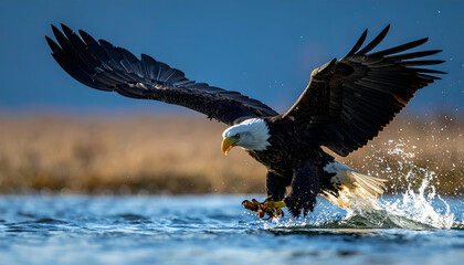 Fototapeta premium Bald Eagle Takes Flight from Water Surface, Powerful Wings Spread