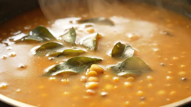 Steaming hot authentic indian thali dal with curry leaves, captured in a vibrant close-up.