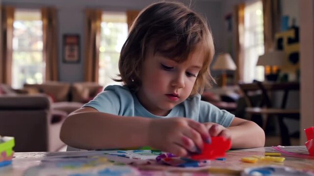 Child creating art. Toddler engaged in molding vibrant clay at craft table indoors. Young preschooler concentrating intensely on forming shapes from brightly colored dough in cozy room