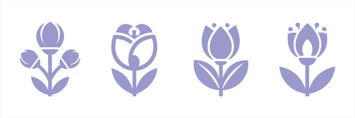 Elegant Set of Stylized Purple Flower Icons for Spring and Botanical Themes © Sunnn