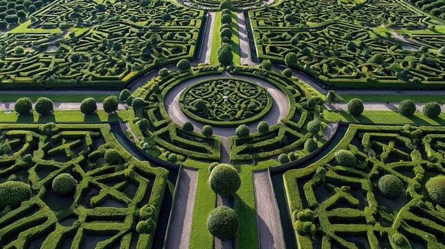 parterre. Symmetrical flower beds in French garden, aerial view of trimmed shrubs. event key visuals, club posters, designed for fitness apps and gym onboarding, used by event planners.