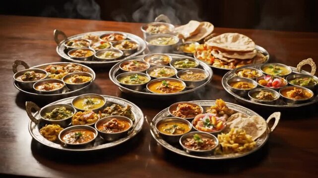 Authentic indian thali platters with diverse steaming dishes beautifully presented on a dark wooden table.