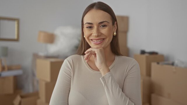 Woman resting chin on hand amid stacked cardboard moving boxes, lamp and frame in apartment living room; new home contentment.