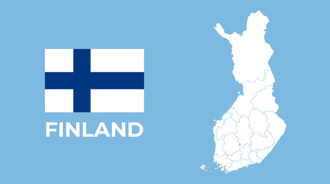 Finland Flag, Detailed Map with Regions, and Nation Name on Blue Background