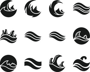 Naklejka premium Set Of Twelve Black Abstract Ocean Wave Silhouettes And Water Splash Icons