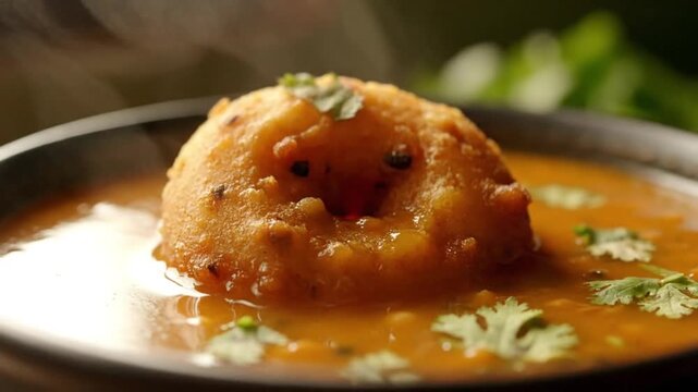 Close-up of a steaming medu vada in a dark bowl of sambar, garnished with cilantro, offering an inviting authentic indian thali.
